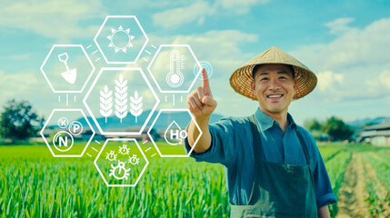 Farmers standing in green fields, touching the digital display for check rice tree quality in the farmland. smart farm concept