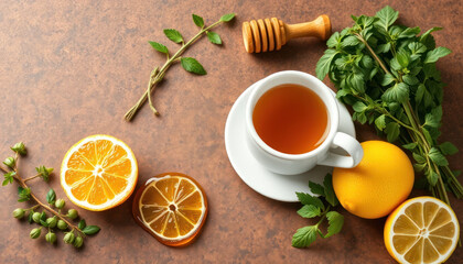 Herbal Tea with Lemon and Honey on Rustic Background for Wellness and Relaxation