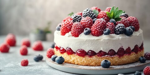 Delicious berry cake topped with fresh raspberries and blueberries on a wooden table, perfect for dessert lovers