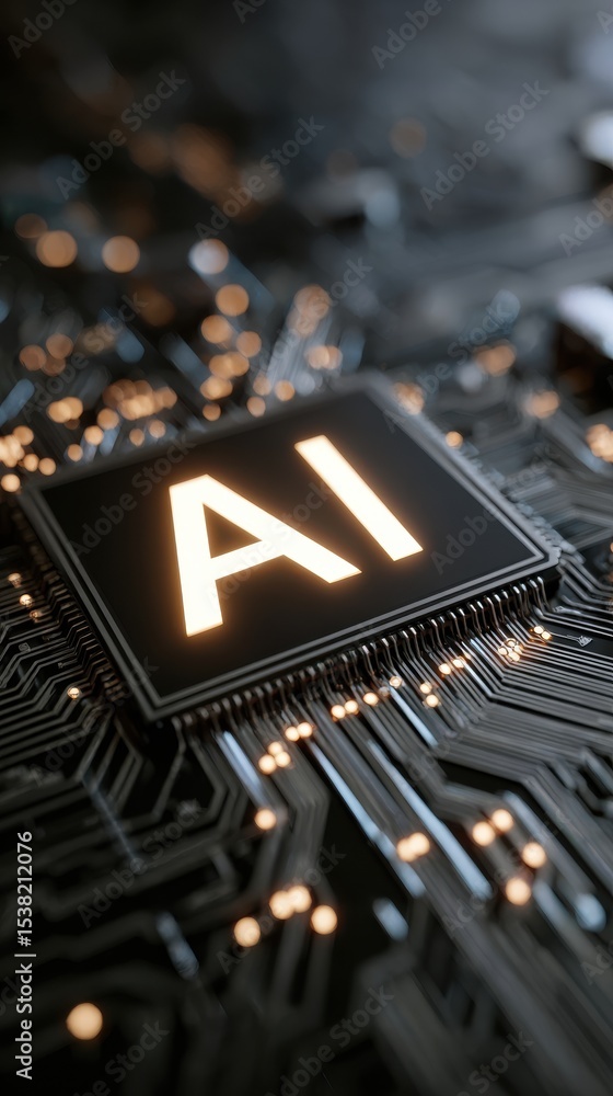 Poster stunning photo of abstract glowing printed circuit board with ai text written on it. glowing ai text