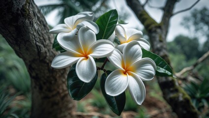 Fototapeta premium Close Up White Plumeria With Natural Background, Beautiful Garden Plant On The Tree In Nature, With Empty Copy Space For Text
