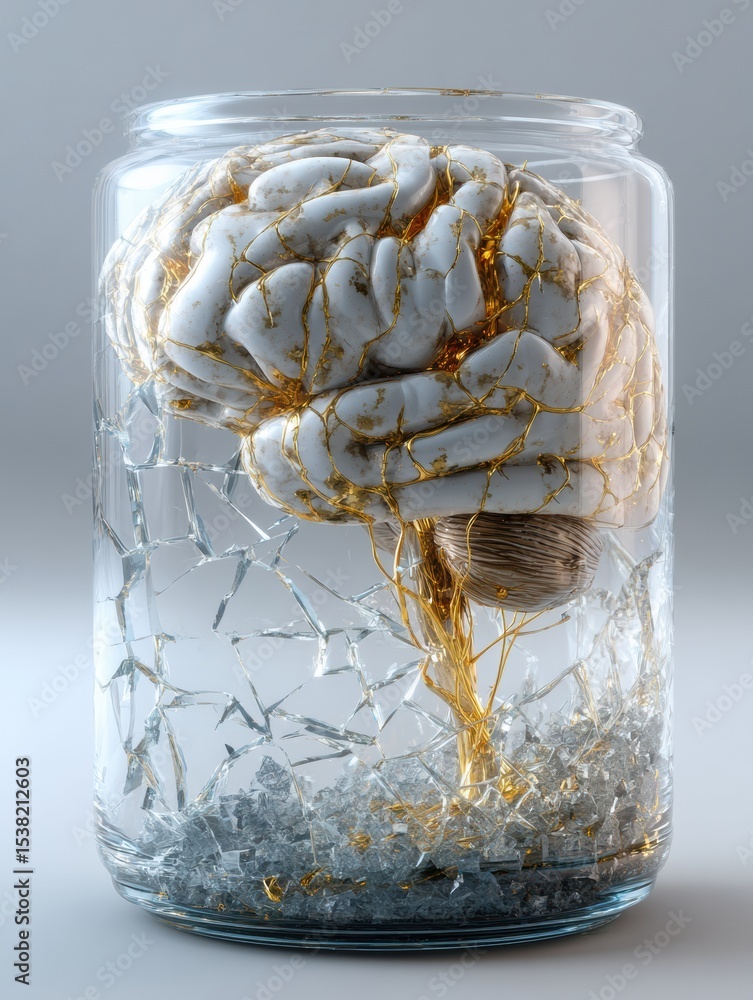 Poster Surreal Glass Brain Concept With Shattered Nerves Encapsulated in a Transparent Jar, Showcasing Intricate Details of the Minds Fragility and Complexity