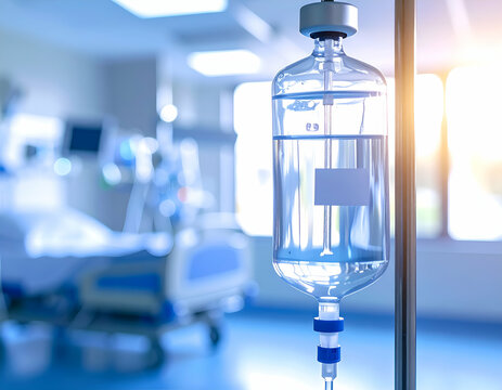 Close-up of a chemotherapy IV bag with label and clear fluid, hospital infusion center background

