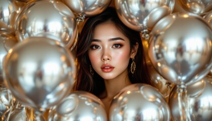 Fototapeta premium create a high fashion portrait of an asian model surrounded by silver balloons, the model should be the focal point of the image, positioned under golden reflections