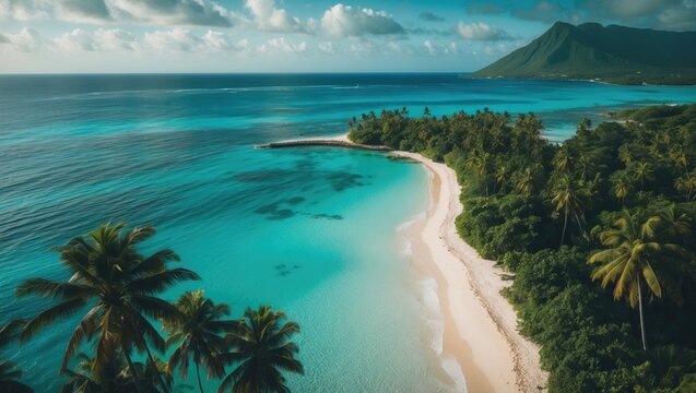 Aerial View Of Island in the Caribbean Sea with clear blue sea, sandy beach, and green palms, tropical beach, and empty space for text