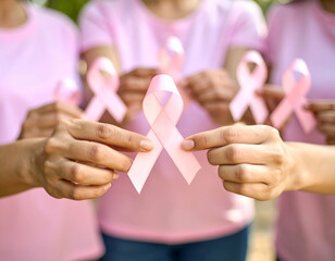 Volunteers handing out pink ribbons at a cancer awareness event, joyful expression