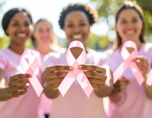 Volunteers handing out pink ribbons at a cancer awareness event, joyful expression
