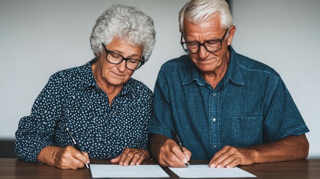 Elderly couple signing documents together sitting at a table indoors.