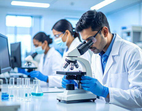 Scientists working with microscope in a lab developing cancer drugs, modern setting