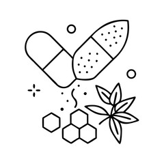 Herbal Medicine and Organic Supplement Line Art Vector with Pills, Honeycomb, and Leaf