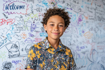Young boy in floral shirt posing in front of school welcome board