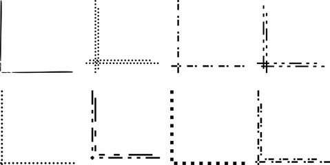 Vector set of decorative corner borders with dotted, dashed, and solid lines, ideal for frames, digital layouts, graphic design, document templates, and creative interface elements.
