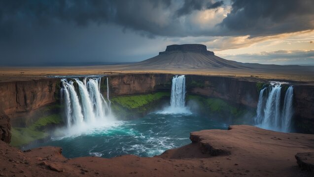 A beautiful waterfall on the tepui plateau with dramatic clouds and lush green surroundings.