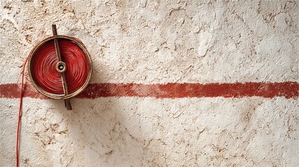 Red string spool on textured wall with horizontal red line creating a minimalist composition