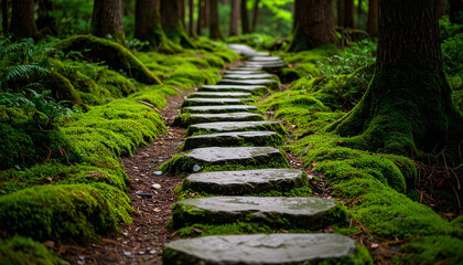 Fototapeta premium Mossy Stone Pathway Through Enchanted Forest