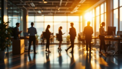 office workers working in a blurred silhouette with goldenrod tones at the top with copy space at the bottom.