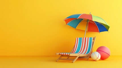 Colorful beach chair and umbrella against a vibrant yellow backdrop.