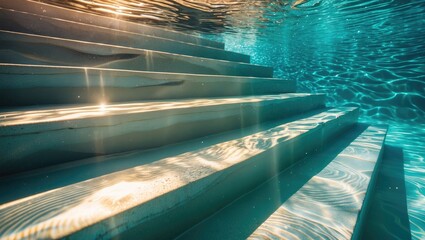 Sunlit underwater steps in a swimming pool showcasing mesmerizing rippled water patterns and textures with empty space for text