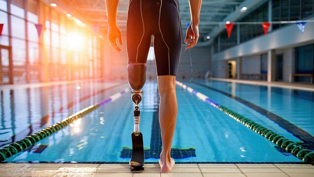 Individual with a prosthetic leg walking towards a swimming pool, sunlight streaming through large windows, showcasing determination and resilience in a sports environment - Powered by Adobe