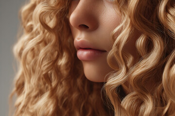 Naklejka premium Close-up of a woman's face with stunning blonde curly hair, showcasing soft skin and full lips in a beauty and style shot.