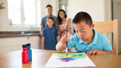 Fototapeta premium Young boy with Down syndrome focused on painting a colorful artwork at a wooden table, with family members smiling in the background, capturing a moment of creativity and family bonding