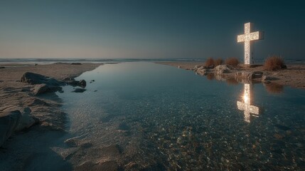 Serene coastal landscape at twilight featuring a cross and reflective pool by the beach