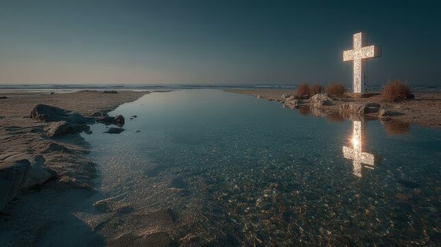 Serene coastal landscape at twilight featuring a cross and reflective pool by the beach