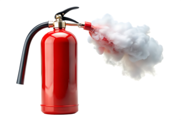 Red fire extinguisher blow smoke isolated -  on white background.PNG AI