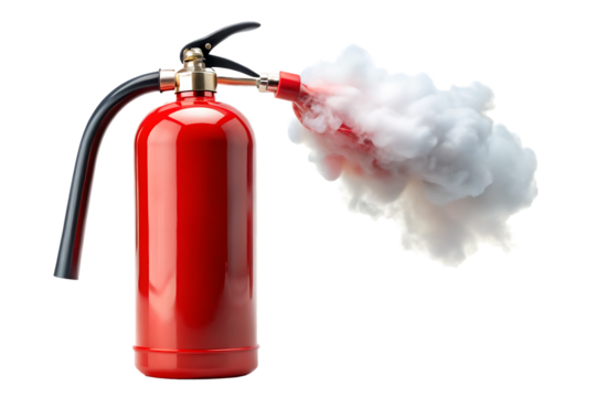 Red fire extinguisher blow smoke isolated -  on white background.PNG AI