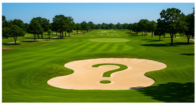Golf Course with Sand Trap and Question Mark in Center in Bright Daylight