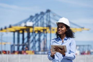 A female logistics professional wearing a hard hat smiles while using a tablet at a busy shipping...