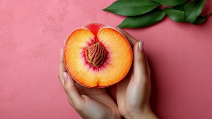 Woman's hands holding a juicy peach on a pink background with green leaves