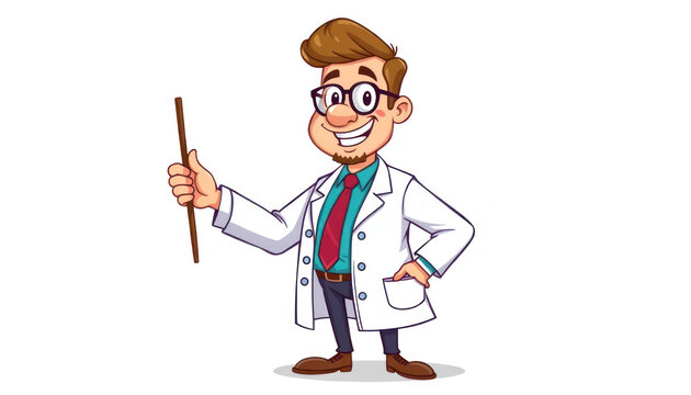 Cartoon Character of Male Scientist with Glasses Holding Pointer and Wearing Lab Coat in Playful Pose for Educational Content Representation