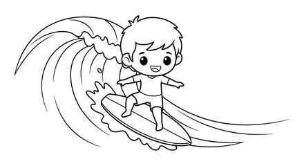 Obraz premium Chibi surfer coloring page vector illustration of boy surfing on a wave outline drawing on transparent background
