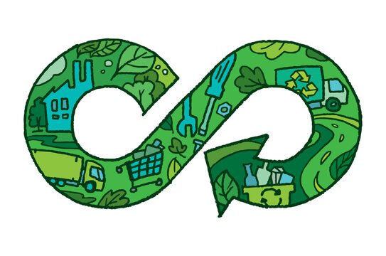 Sketch doodle circular economy icon, concept of environmentally responsible green corporate industrial business, recycling. vector illustration