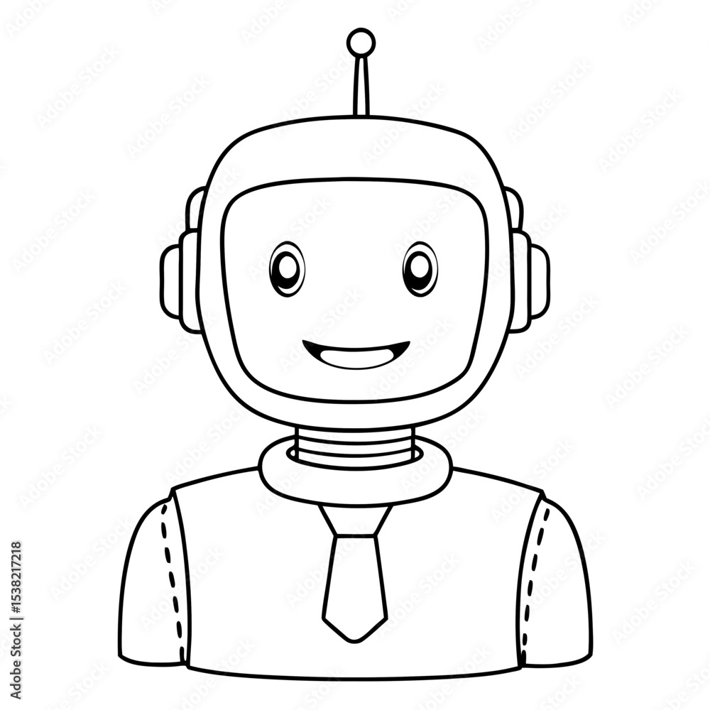 Poster friendly chatbot icon, simple robot avatar with smiling face and tie. chatbot design includes antenn