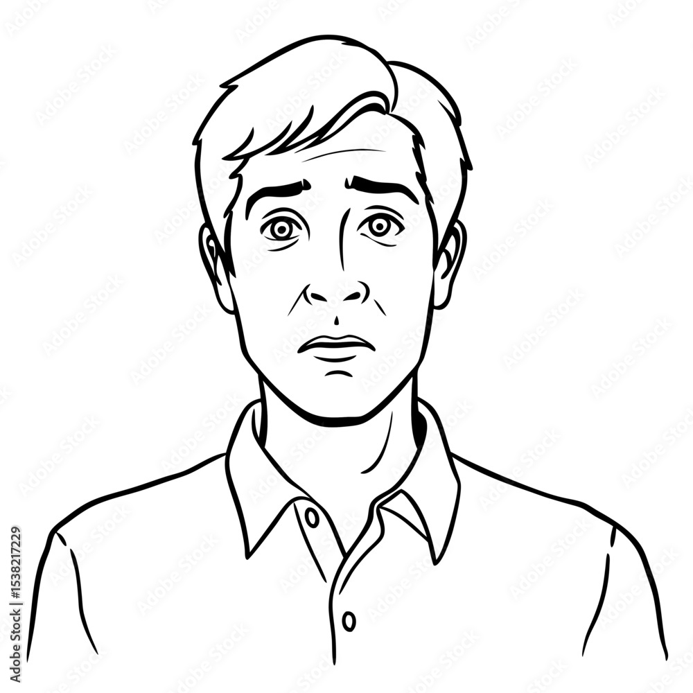 Poster confused man avatar with worried expression. this pensive male character shows uncertainty and doubt