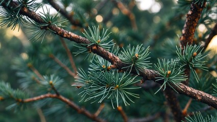 Close-up of a pine tree branch showing coniferous needles, macro shot.