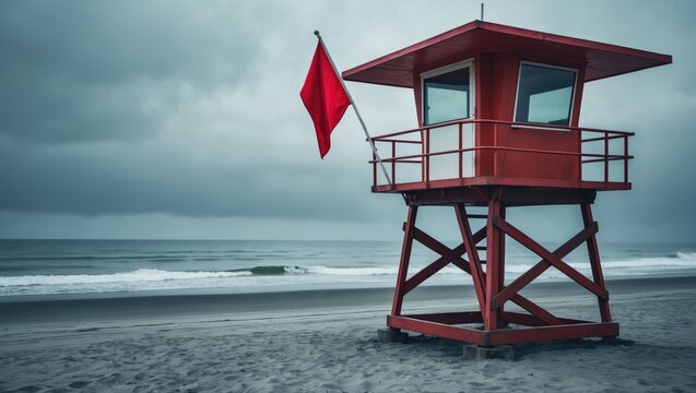 A lifeguard tower on a beach with a red flag for safety and empty space for text.
