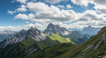 Scenic view of jagged mountain peaks under a partly cloudy blue sky, with green slopes in the foreground.