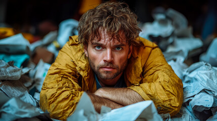 Fototapeta premium Brooding portrait of a man in yellow jacket surrounded by paper with a serious expression
