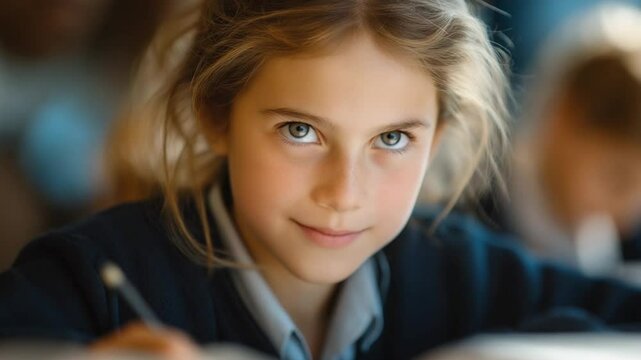 A schoolgirl helping a classmate in a classroom with books