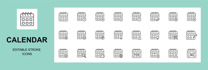 Calendar icon set. Containing date, schedule, month, week, appointment, agenda, organization and event icons. Solid icon collection. Vector illustration. Editable stroke.