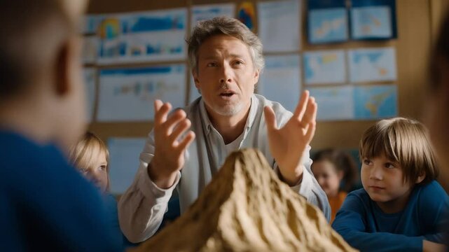 A teacher demonstrates a volcano eruption to engaged students