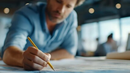 Architects collaborating on a blueprint in a modern office space