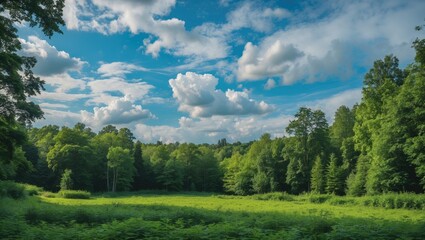 Green Summer Forest In Front Of Blue Clouds Sky with Empty Copy Space For Text