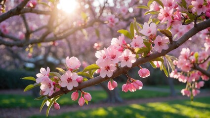 Obraz premium A branch of an almond tree with pink almond blossoms in close-up in the garden with sunshine