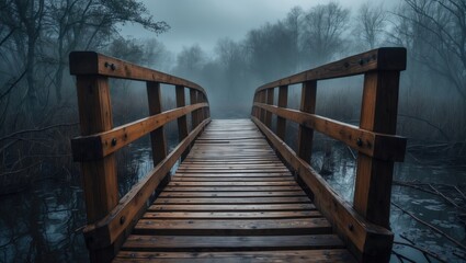 Obraz premium A solid wooden bridge over wetlands, surrounded by misty trees and water.
