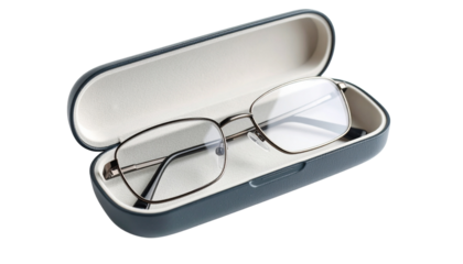 Stylish Eyeglass in Protective Case isolated on solid white background in Png