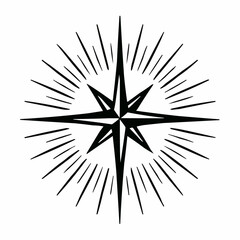 A black and white compass rose vector icon, a navigation symbol for travel and adventure, illustrates direction with star points for north, south, east, and west on a map design